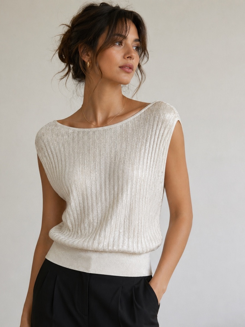 White House Black Market Metallic Knit Top Medium Elegant Shimmer Blouse